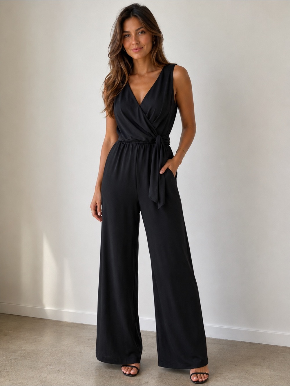 Tahari Sleeveless Black Wide Leg Wrap Tie Jumpsuit Classic Women’s Size XS